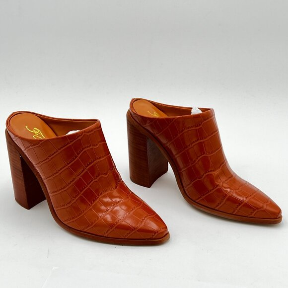 FOWT Brown Crocodile Embossed Mules Chunky Stacked Heel Slipper Pointed Toe Shoe - Picture 1 of 5